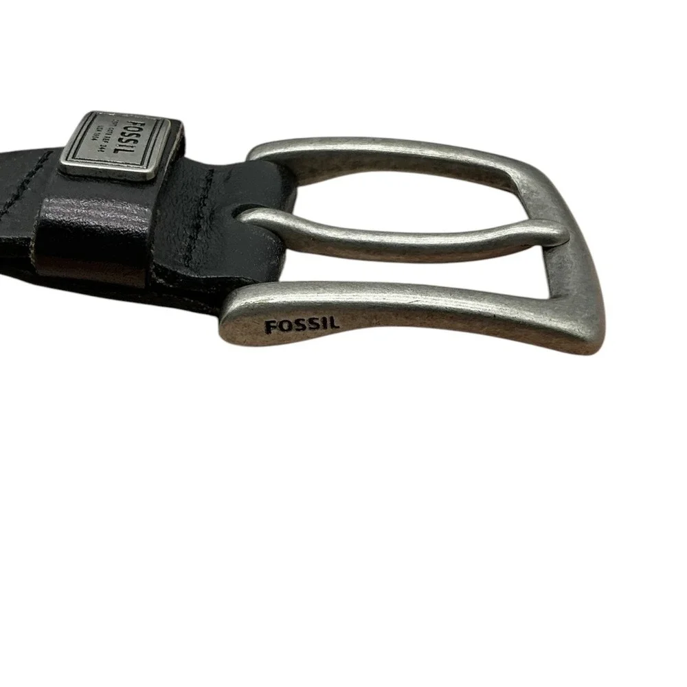 Fossil Mens‎ Black Leather Belt Brushed Silver Buckle Size 36 MB125400136
